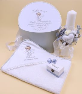 Trusou botez cu lumanare si cutie rotunda ingeras argintiu