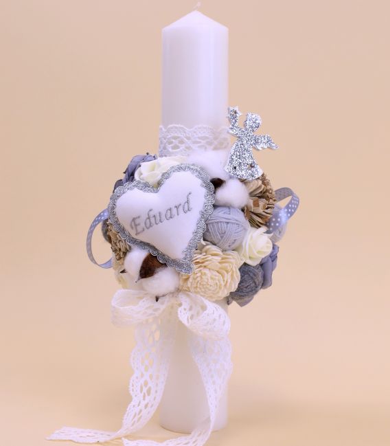 Lumanare botez personalizata ingeras argintiu