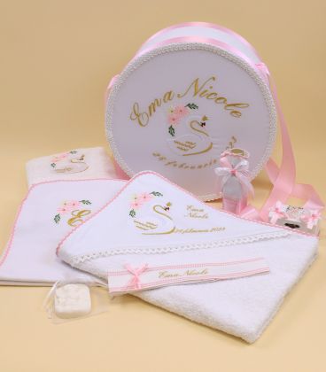 Trusou botez personalizat fetite cutie rotunda inclusa Lebada aurie