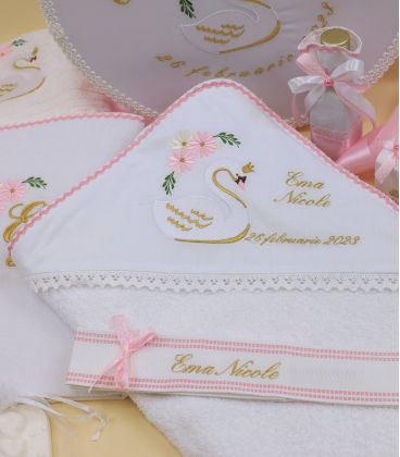 Trusou botez personalizat fetite cutie rotunda inclusa Lebada aurie