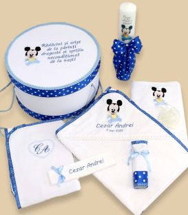 Trusou de botez complet Mickey Mouse costum, lumanare, cutie -  15 piese 