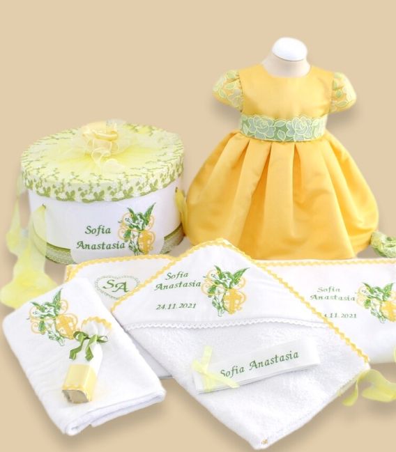 Trusou botez fetite personalizat ingeras si cruce galben verde