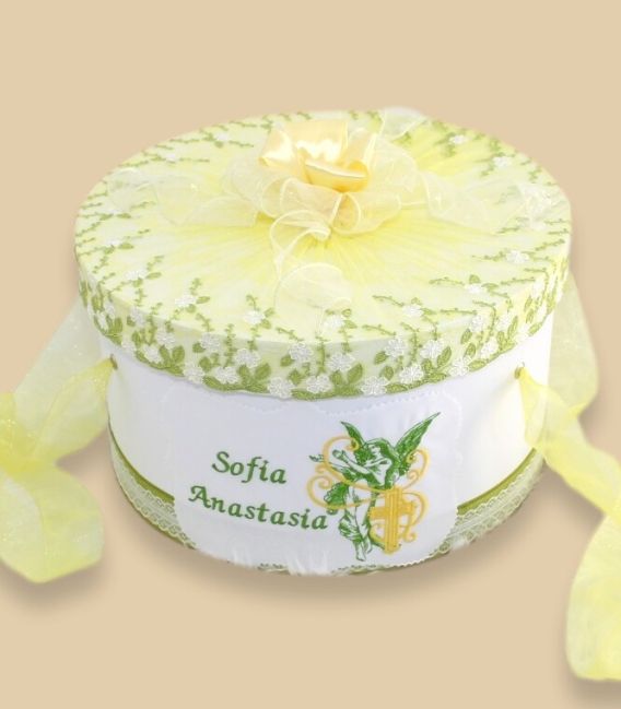 Trusou botez fetite personalizat ingeras si cruce galben verde