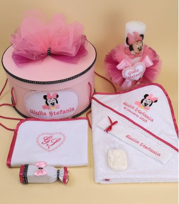 Trusou Botez Minnie Mouse | Set  personalizat cu lumanare si cutie rotunda | Atelierele Cris