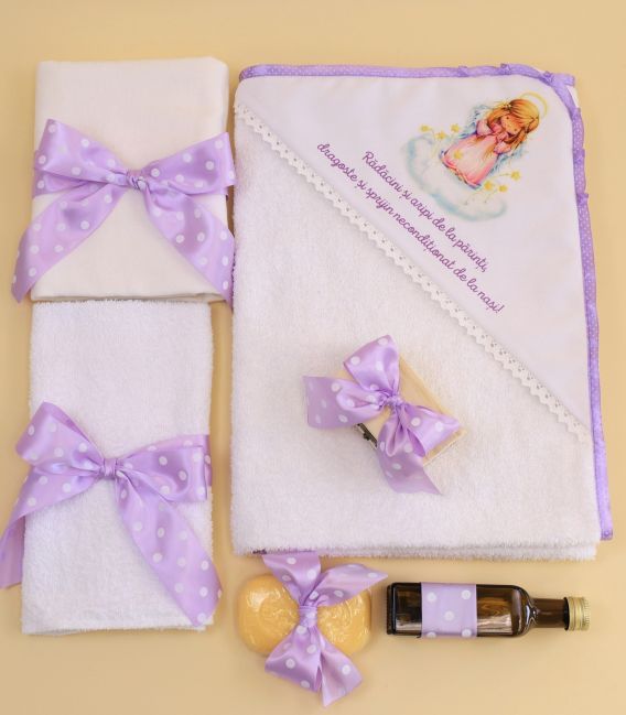 Set botez fetite cu ingeras si mesaj mov