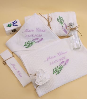 Trusou botez muselina alb flori lavanda personalizat