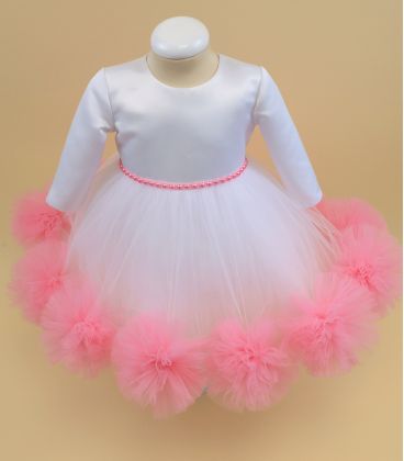 Rochita alba pom pom roz botez fetite AteliereleCris