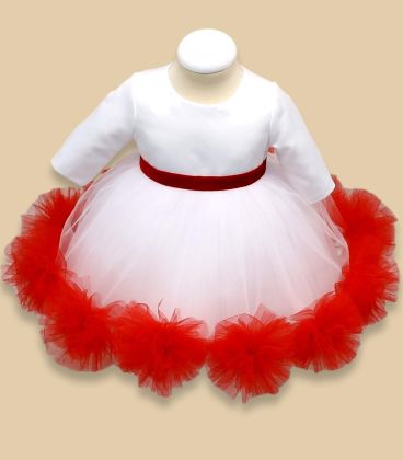 Rochita botez alba cu pompoane rosii