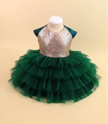 Rochita botez  verde cu paiete aurii