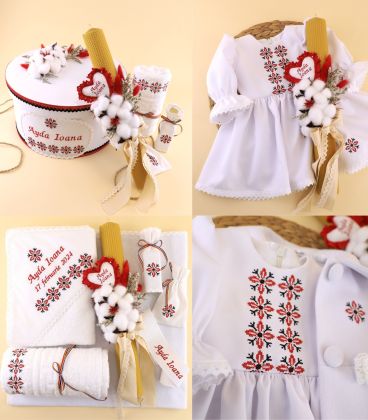 Trusou botez fete cu lumanare, rochita si palton traditional 15 piese model 2024 culoare alba