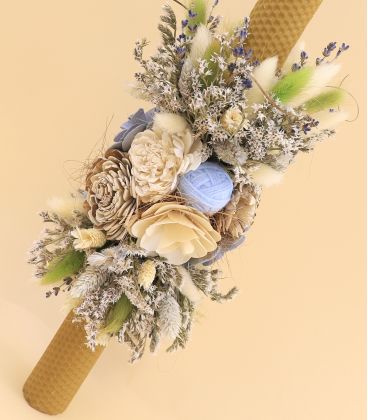 Lumanare botez ceara naturala tip fagure cu flori nemuritoare