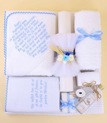 Set complet botez brodat cu rugaciunea inger ingerasul meu din 16 piese