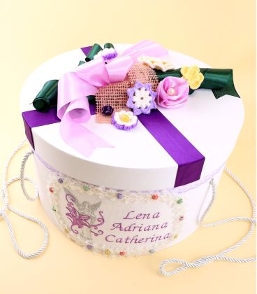 Cutie botez rotunda Ingeras si Crin decoratiuni crosetate
