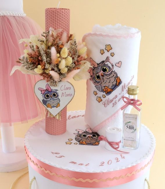 Trusou botez complet fete Bufnita roz pudra