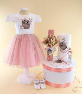 Trusou botez personalizat complet fete model Bufnita roz pudra