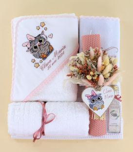 Trusou botez complet fete Bufnita roz pudra