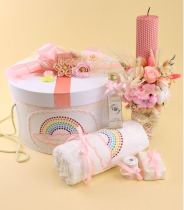 Trusou botez Curcubeu- cutie, lumanare, prosop