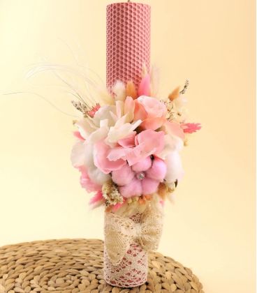 Lumanare Botez Fagure, Roz, Flori nemuritoare 