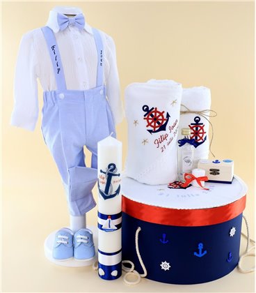 Trusou muselina personalizat tema marina set complet cu hainute lumanare si cutie