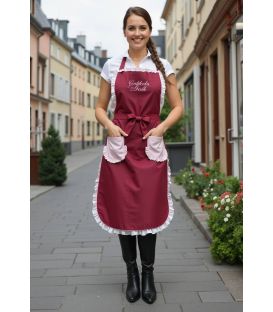 Sort bucatar, femei personalizat, rosu, cu doua buzunare frontale si dantela