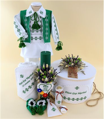 Trusou complet baiat traditional verde 15 piese tr44 