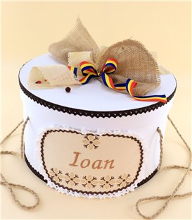 Set botez baiat traditional bej maro, elegant, broderie stelute - cutie
