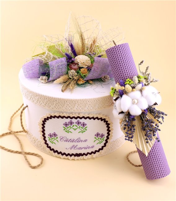 Trusou complet traditional fetite mov, flori de lilliac - cutie si lumanare