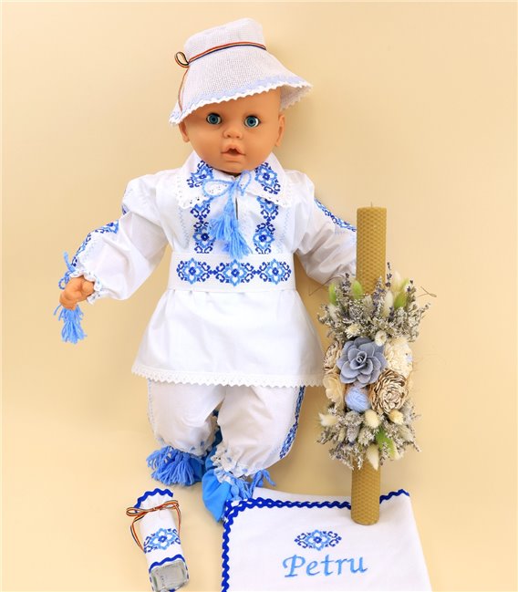 Set botez traditional baiat cu lumanare si costum, broderie albastra
