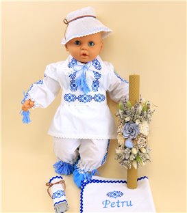 Set botez traditional baiat cu lumanare si costum, broderie albastra