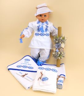 Set botez traditional baiat cu lumanare si costum, broderie albastra