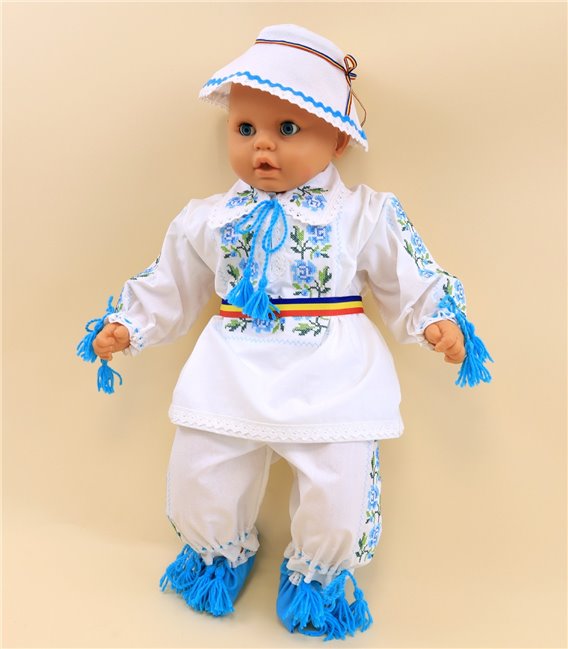 Costumas botez traditional broderie trandafir albastru
