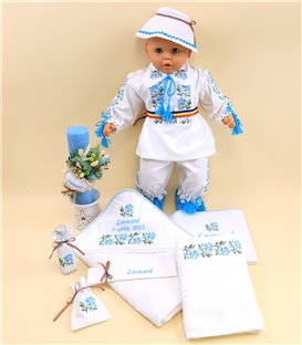 Set botez traditional complet baieti model broderie trandafir albastru