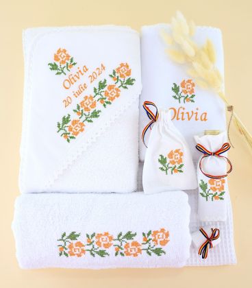 Trusou traditional complet fetite broderie trandafir portocaliu