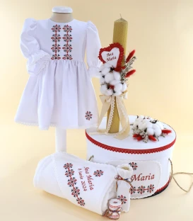 Trusou botez tradițional complet – fetiță, broderie steluțe roșii