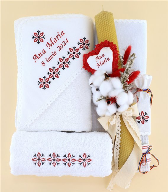 set traditional cu lumanare din ceara naturala model stelute rosii