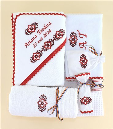 Trusou botez traditional personalizat model floare rosie