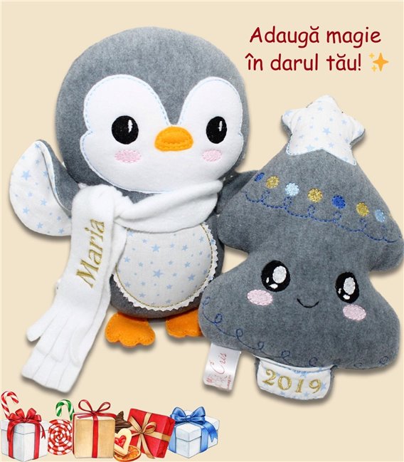 Set personalizat cadou de Crăciun bradut si pinguin Maria