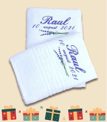 Prosop personalizat,alb, bumbac, broderie lavanda si nume
