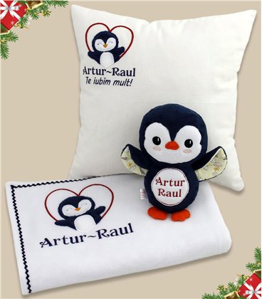 Set cadou personalizat 4 piese pentru baieti cu pinguin