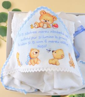 Trusou de botez baieti economic, ursuleti si  mesaj, 7 piese, albastru 