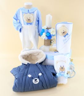 Trusou de Botez Complet pentru Baiat – Ursulet Pufos, Albastru, Iarna