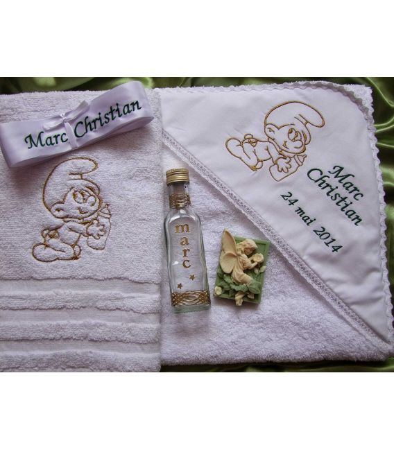 Trusou botez personalizat Bebe Strumf si biberon