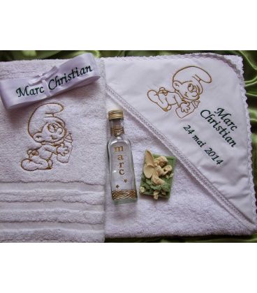 Trusou botez personalizat Bebe Strumf si biberon