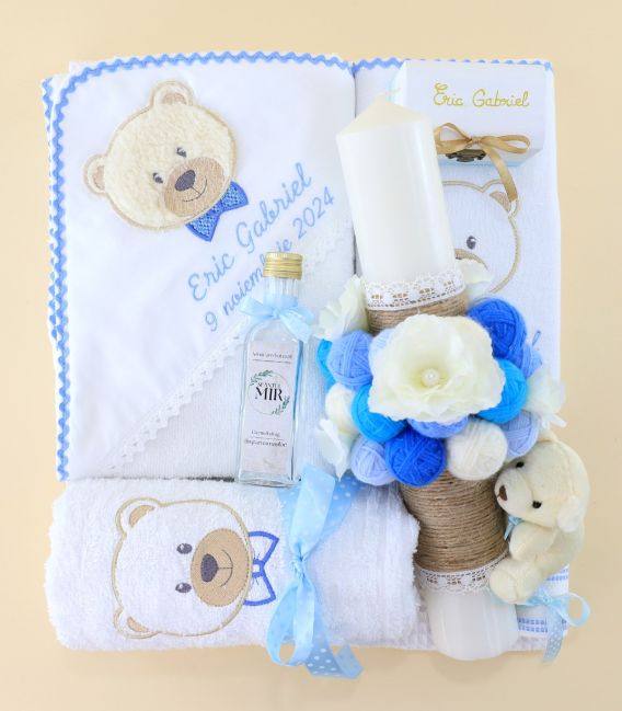 Trusou de Botez Complet pentru Baiat – Ursulet Pufos, Albastru, Iarna