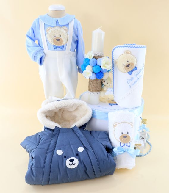 Trusou de Botez Complet pentru Baiat – Ursulet Pufos, Albastru, Iarna