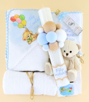 Trusou complet botez baiat personalizat – Ursuleț cu baloane