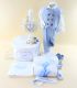 Trusou complet botez băiat,14 piese, personalizat alb-bleu, cu lumânare și ținută elegantă de vară