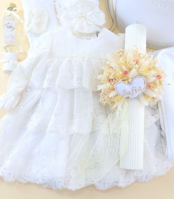 Rochita botez ivoire pentru fetita cu lumanare decorata