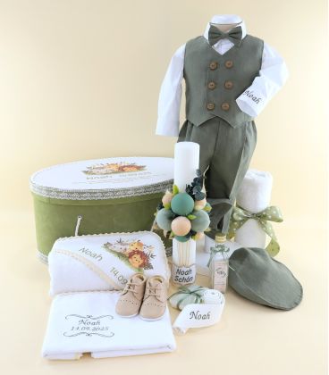 Trusou complet băieți Noah , costum, cutie,lumânare personalizată, tema animăluțe