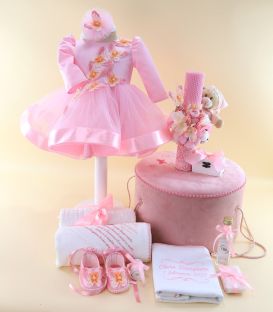 Trusou complet fetițe cu lumânare și cutie catifea roz, tema fluturași